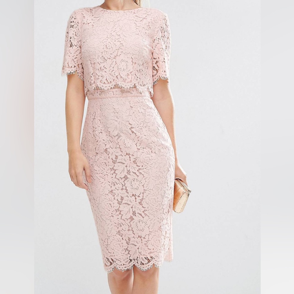 ASOS Lace Crop Top‎ Midi Pencil Dress Sz 0 Pink